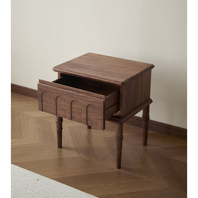 Retro And Nostalgic Black Walnut Bedside Table With Carved Shaft Legs And Large-Capacity Storage Drawers Suitable For Use In The Bedroom.
