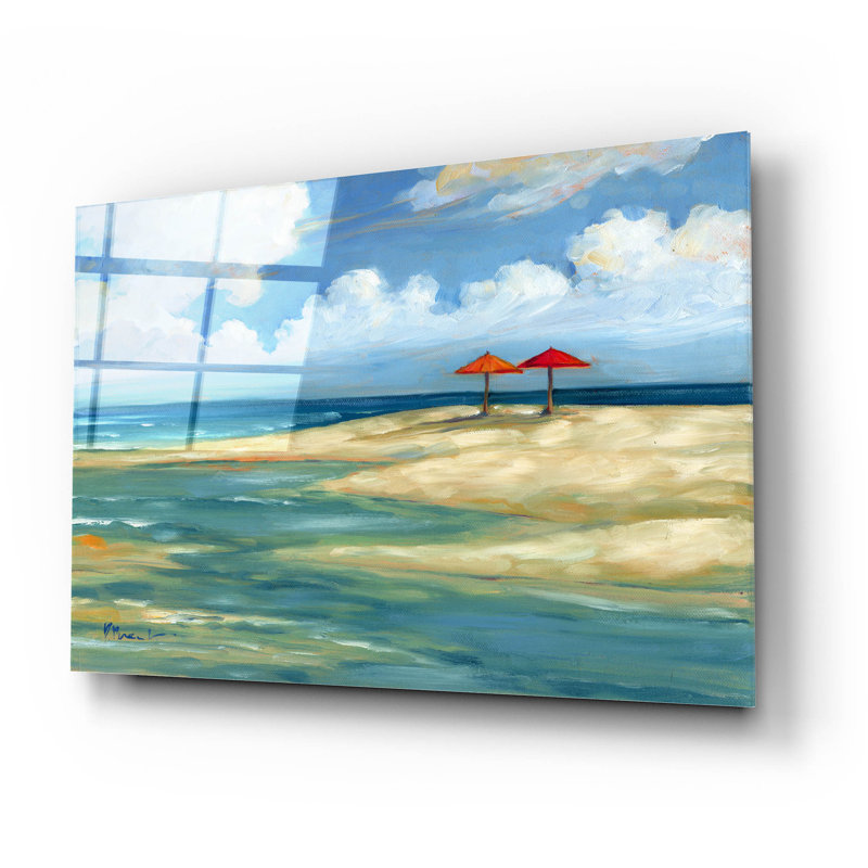 «Umbrella Beachscape - Orange and Red» par Paul Brent, art mural en verre acrylique, H 16 po x l 24 po x P 0,2 po
