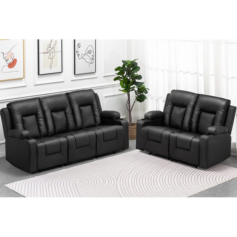 Recliner Sofa Set, Manual Reclining Chair Loveseats with Cup Holders, Chanah Bonded Leather Recliner Sofa Home Theater Seating Suitable for Living Room Furniture