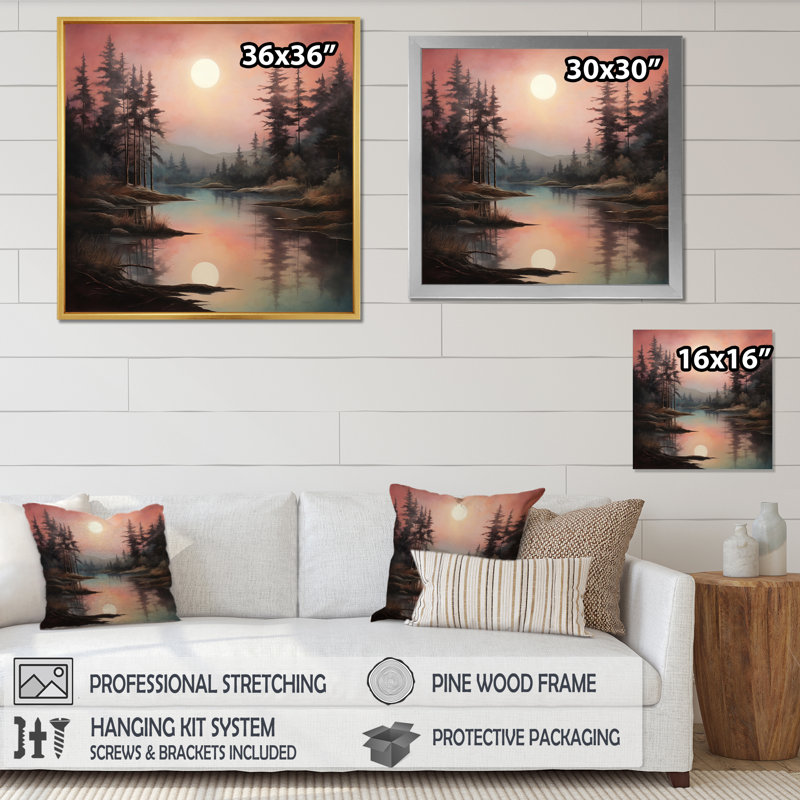 Pink Grey Mid Century Dreamy River IV - Mid-Century Canvas Prints, Cadre flottant doré, H 16 po x l 16 po x P 1 po