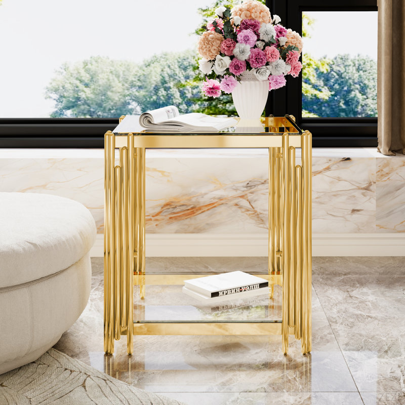 Table de bout moderne en verre transparent pour salon, carré, métal asymétrique, finition dorée et tablette inférieure, 19,9 po