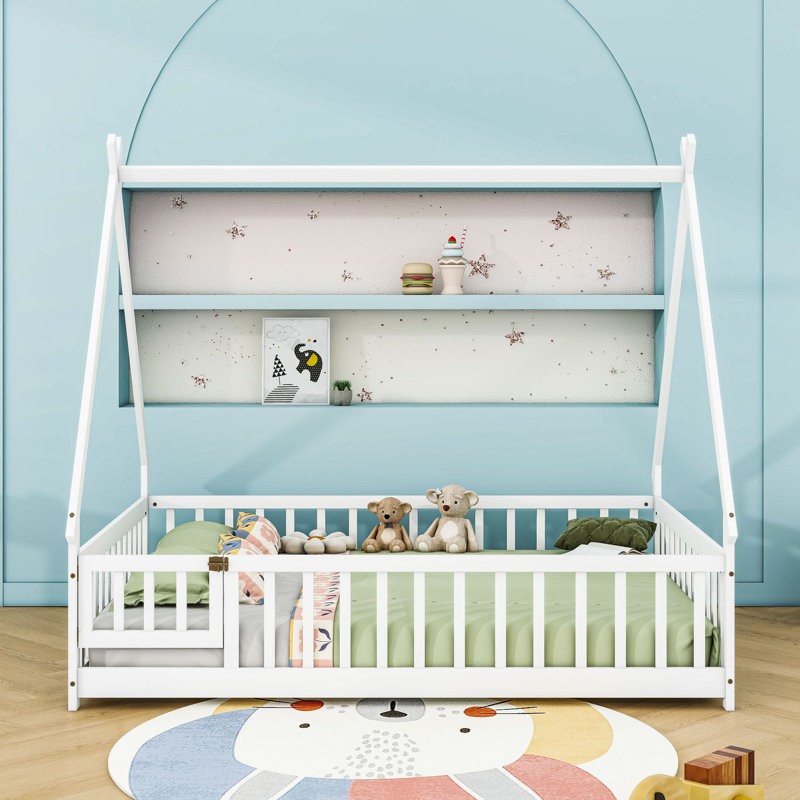 Full Wood Bed With Guardrails, White