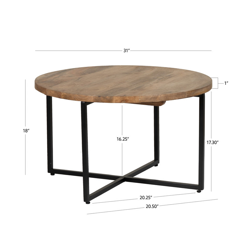 Abrams 31 Inch Round Wood Top Metal Base Coffee Table