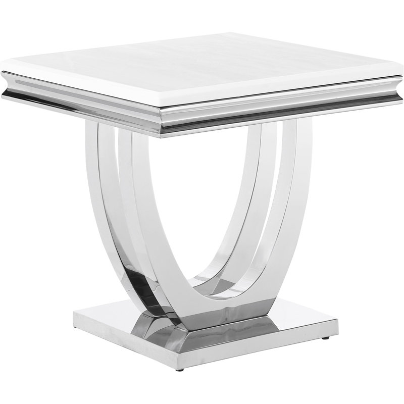 Table de bout carrée blanche avec base en forme de U, côtés profilés et esthétique moderne pour table piédestal