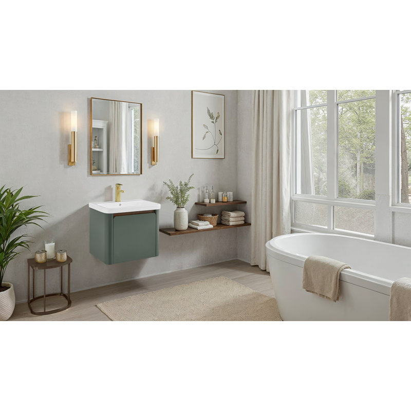 Meuble-lavabo simple flottant et mural 24 po Barkley en vert rétro avec lavabo et comptoir intégrés en céramique