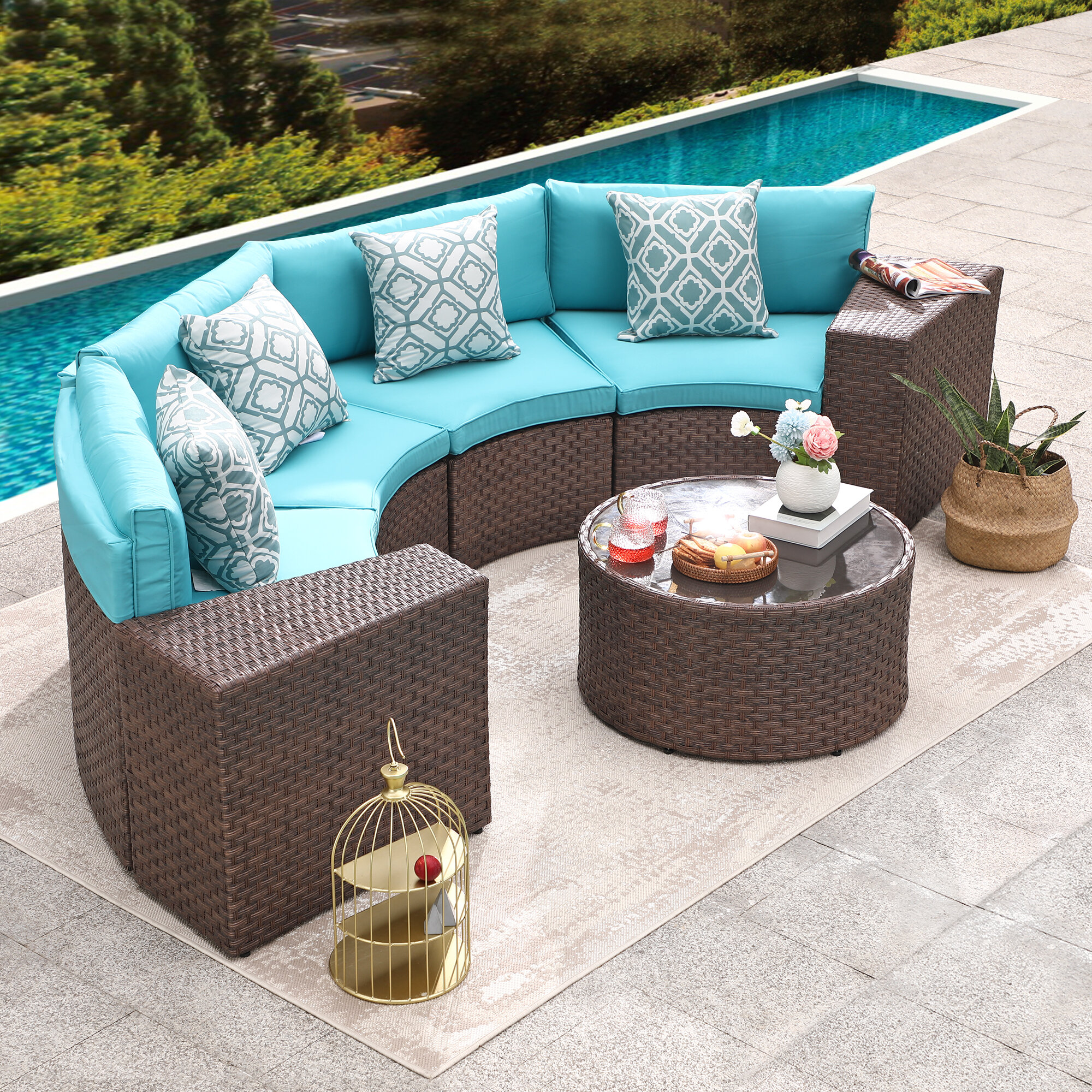 Leisure 7 Piece Rattan Sectional Seating Group with Cushions Latitude Run Cushion Color: Light Blue