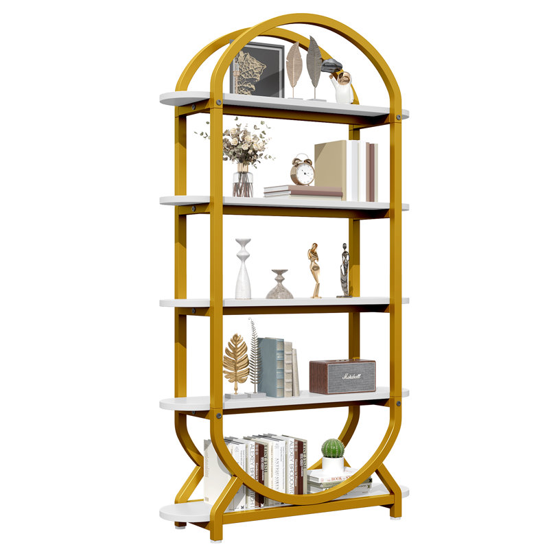 Grande bibliothèque arquée à 5 niveaux avec tablette de rangement, Doré