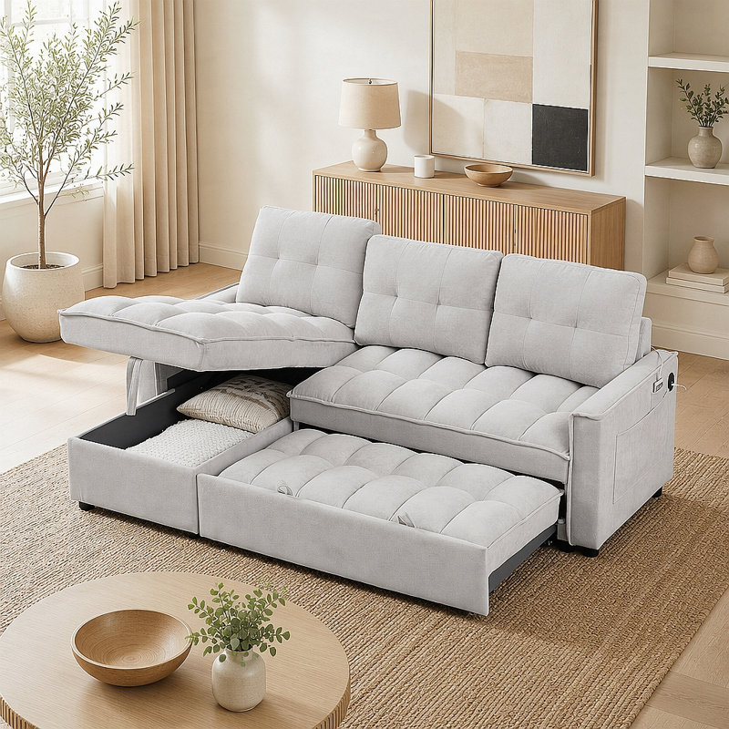 Canapé modulaire réversible avec chargement USB et tiroir de rangement, Chenille gris pâle