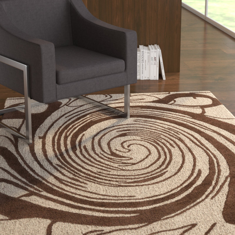 Tapis géométrique moderne en laine touffeté à la main crème, brun clair et gris anthracite Yiwei, Rectangle 5 pi x 7 pi