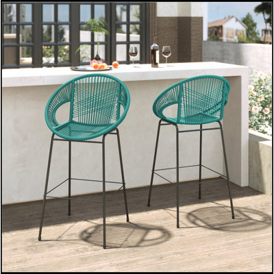 Tabouret de bar d'extérieur en faux osier vert, ensemble de 2