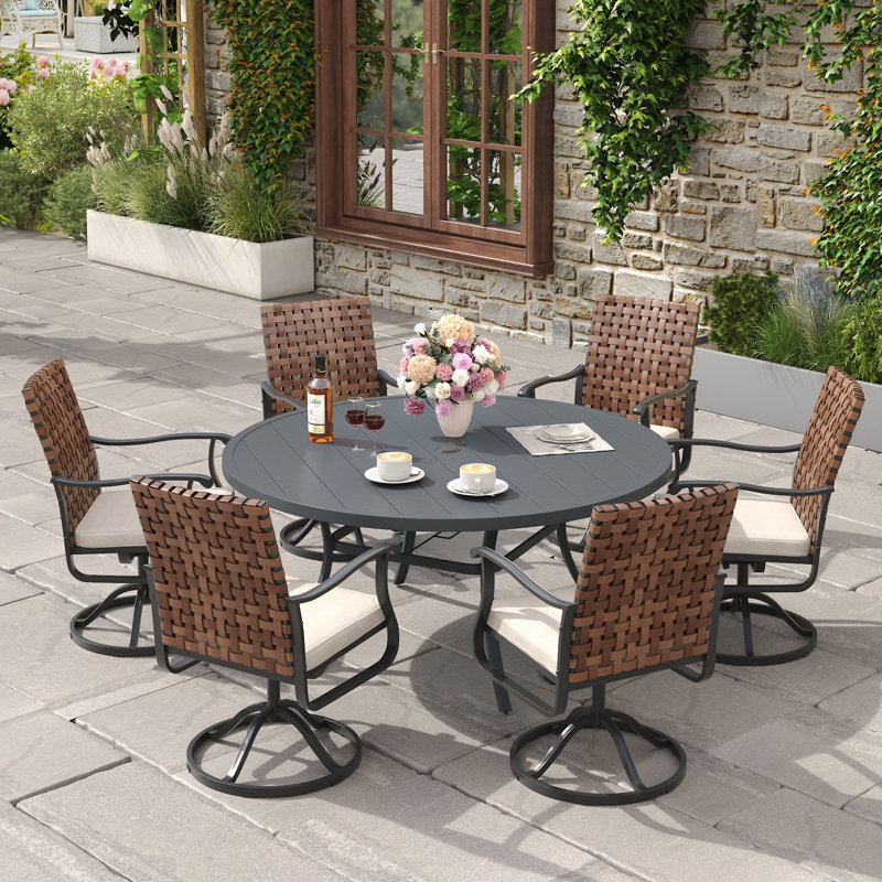 6-Person Outdoor Patio Dining Set With Wicker Swivel Chair, Gray