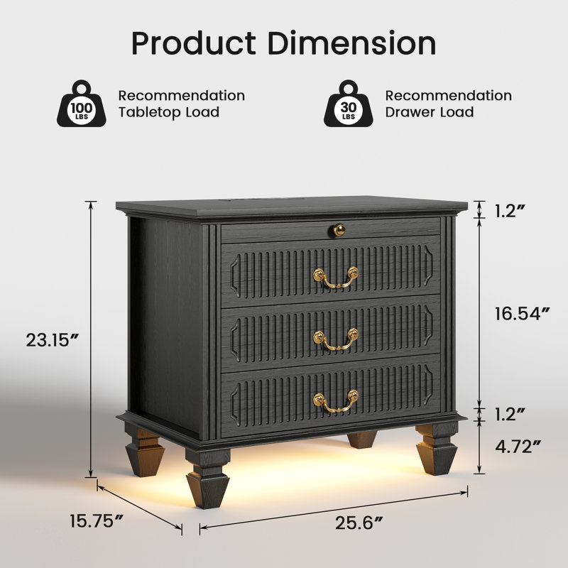 4-Drawer Solid Wood Nightstand With Charging Station, Human Sensor Light, Cable Management, Black