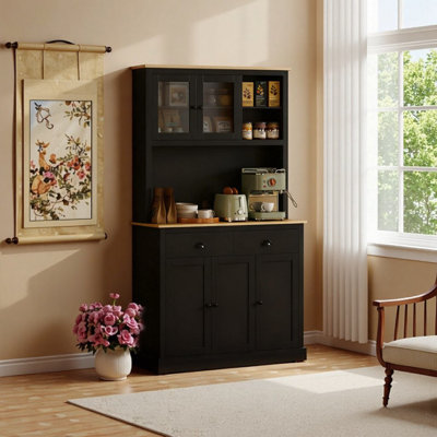 71" Modern Black Kitchen Pantry Cabinet with Drawers & Open Shelves - Storage Center for Coffee Bar or Microwave