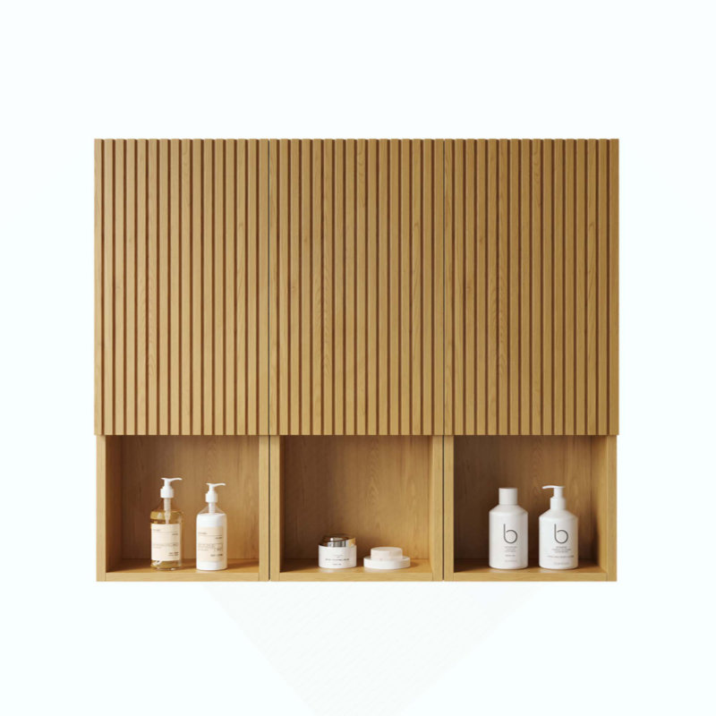L'armoire murale de salle de bain, composée de 3 armoires avec portes et compartiments ouverts, peut être utilisée en combinaison ou individuellement, convenant à une salle de bain, etc.