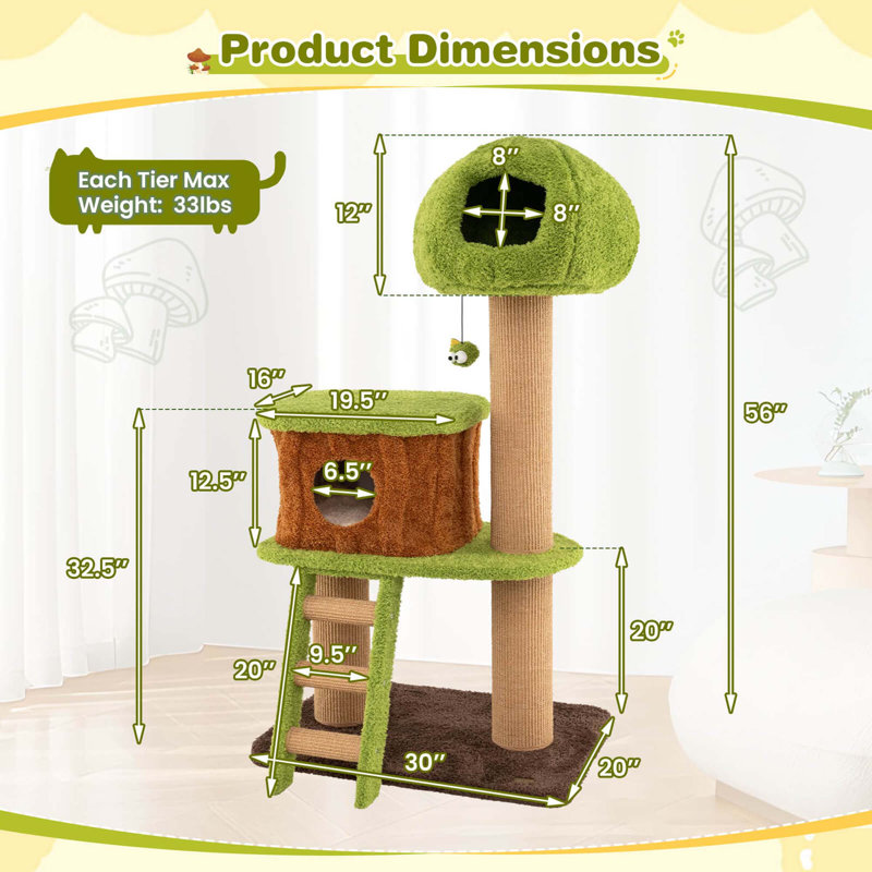  56" Tall Cat Tower With Mushroom-shaped Nest Condo Climbing Ladder Teasing Ball 