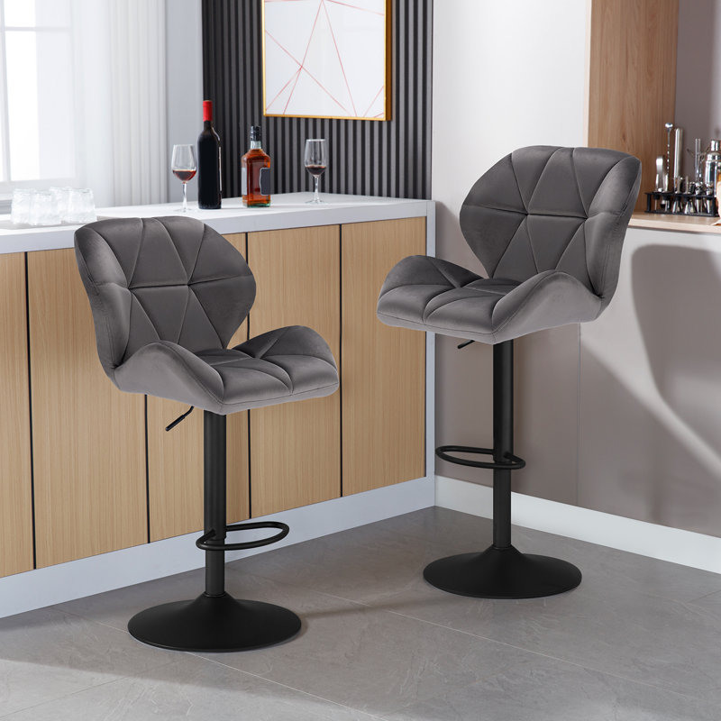 Dequavious Swivel Yes Upholstered Velvet Yes Bar Stool with Steel Frame, Dark Grey, 1