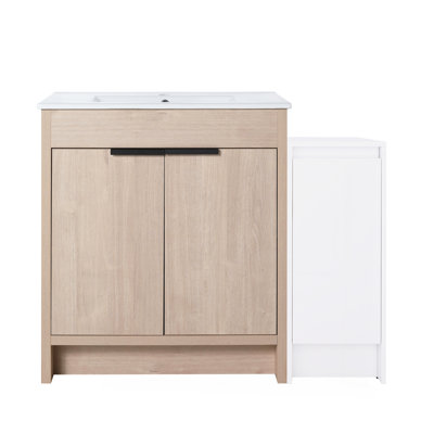 Meuble-lavabo autoportant de 42 po avec lavabo en céramique et armoires de rangement, porte à fermeture douce