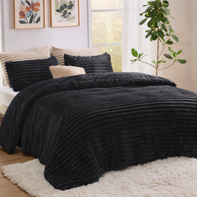 Bedsure Queen Size Comforter Sets - 3-Piece Double-Sided Fleece Fluffy Black Bedding, Cozy Striped Aesthetic for Modern & Guest Bedrooms, All-Season Luxury Home Decor