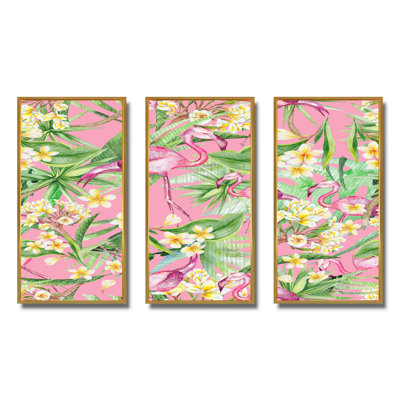" Tropical Foliage, Yellow Flowers With Flamingo III " 3 - Pieces