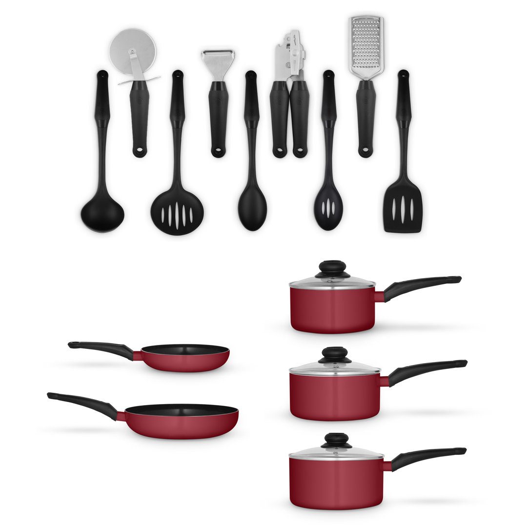 Swan Townhouse 14 Piece Aluminium Cookware and Tool Set with 16/18/20cm saucepans with Glass Lids and 20/26cm Frying Pans