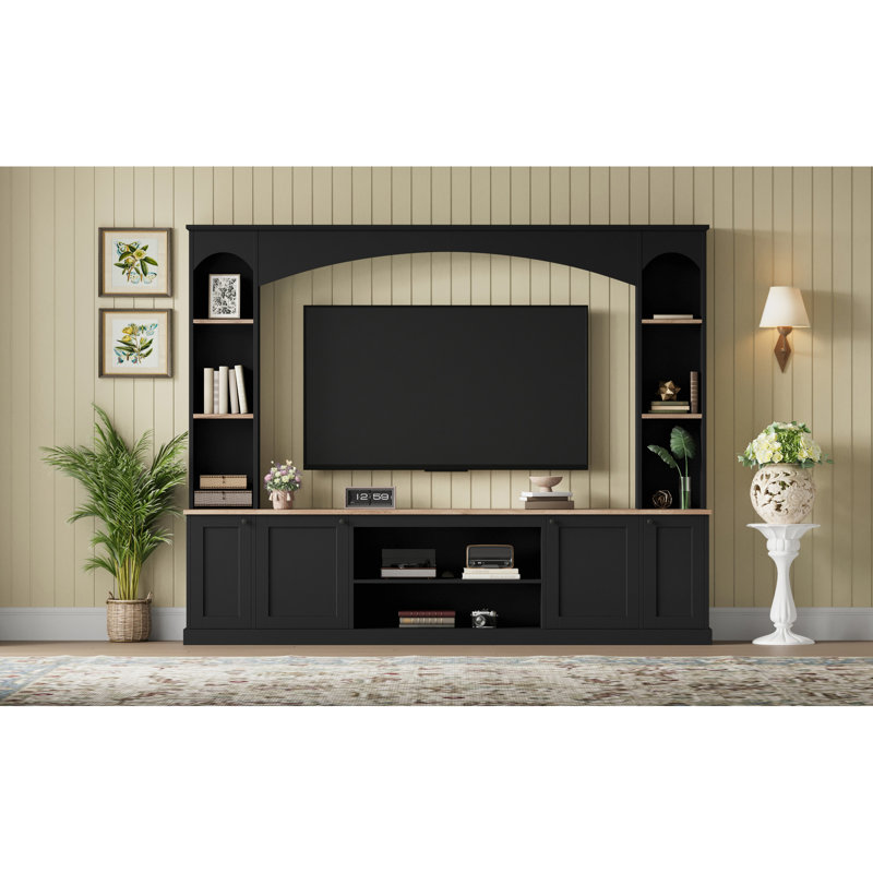 Meuble télé 91 po et bibliothèque arquée noire, centre de divertissement multifonctionnel pour téléviseurs de 70 po, console multimédia compatible avec la gestion des câbles, conception avec armoires de rangement à finition grain de bois