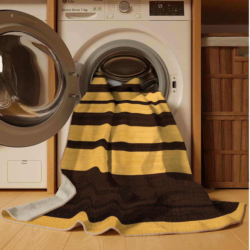 Machine Washable Horizontal Stripes Yellow Area Rug, Square 4'