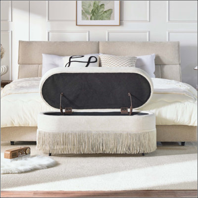 Oval Upholstered Storage Ottoman With Fringe Trim & Lift-Top Lid, Multi-Functional Footrest & Hidden Storage For Living Room Or Bedroom - Fabric With Metal Frame