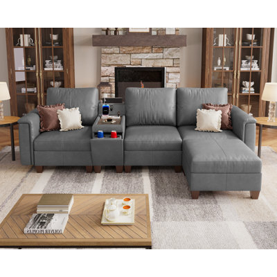 Canapé modulaire en L de 105 po à 4 places en similicuir avec rangement et console, gris