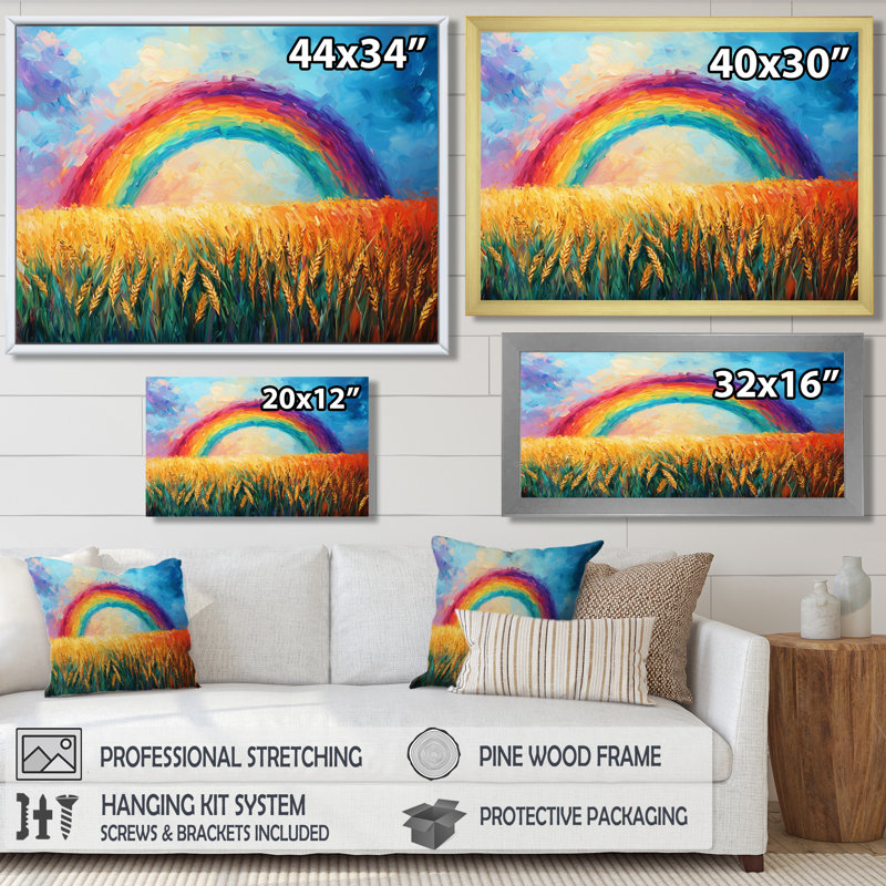 «Countryside Rainbow Over The Wheat Fields I» - art mural arc-en-ciel, H 30 po x l 40 po, Cadre crème crème