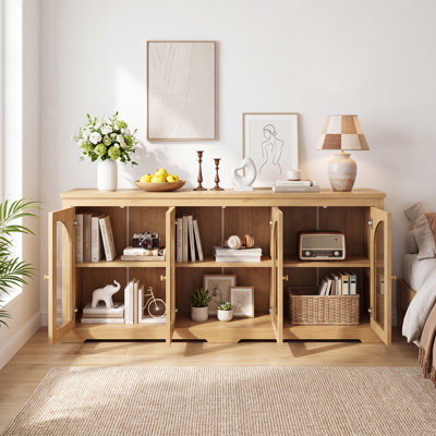 Buffet moderne de 173 cm avec 6 portes vitrées cintrées, console de rangement avec étagères réglables pour entrée ou salon.