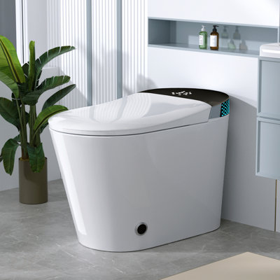 Modern Smart Toilet with Bidet Built In with Foot Kick,Tankless Toilets Auto Open/Close Lid with Dryer,ADA Comfort Height Heat Seat,Instant Warm Water,Power Outage and Flush ,White with Black Scre