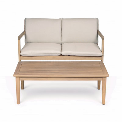 Causeuse d'extérieur en bois d'acacia avec coussin en teck clair et structure de table basse beige