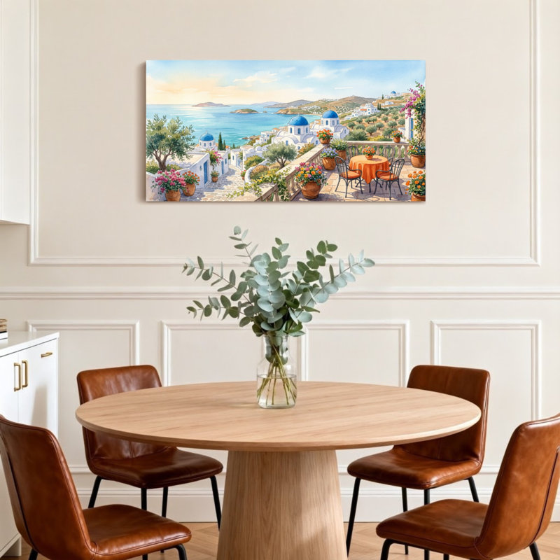 Paysage et nature littoral méditerranéen avec dômes bleus et pots de fleurs, H 24 po x l 48 po