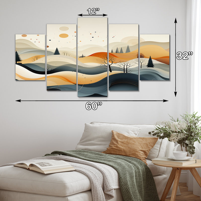 «Teal Orange Line Art Landscape», reproduction d'art sur ligne abstraite - 5 panneaux