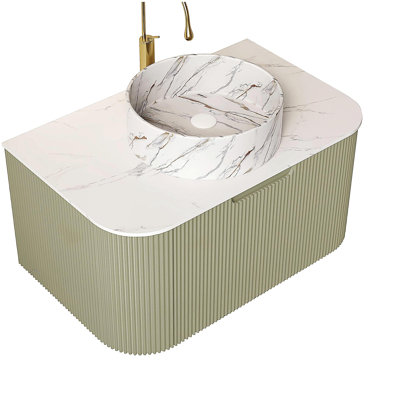 Meuble-lavabo de salle de bain 30 po avec lavabo, lavabo à fixation murale à bords arrondis flottants avec tiroir, lavabo en céramique blanc rond avec motif de pierre Dina