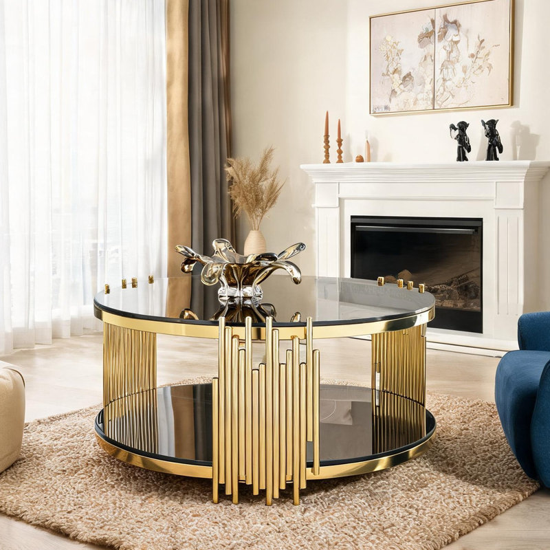 Table basse carrée avec verre noir de ton double couche et structure en acier inoxydable doré, 31,5 pouces, moderne