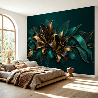 Papier peint adhésif peler et coller fleurs de lys dorés floraux sans couture de luxe Romantiques pour le mur Papier autocollant amovible pour décoration murale H 69 po x l 96 po