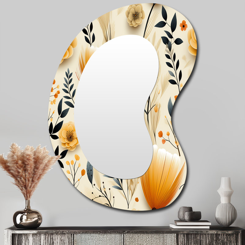 Appin Beige And Orange Flower Accents - Boho Asymmetrical Large Wall Mirror, Black Unique Shape Decorative Mirror, Printed Metal Art