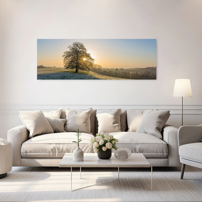 Lever du soleil à travers l'hiver, arbre paisible, paysage serein tranquille, art mural