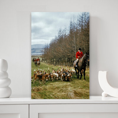1970S Master Of Foxhounds In Red Jacket On Horseback Leads The Pack Of Dogs In Autumn Landscape Cub Huntng Classic Retro Vintage Dog Fox Horse Anim...