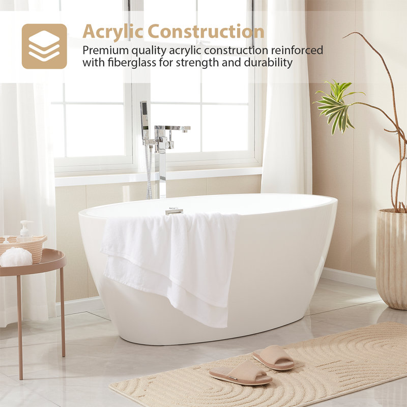 Vanity Art 59" X 32" White Acrylic Freestanding Bathtub, White/Classic Chrome
