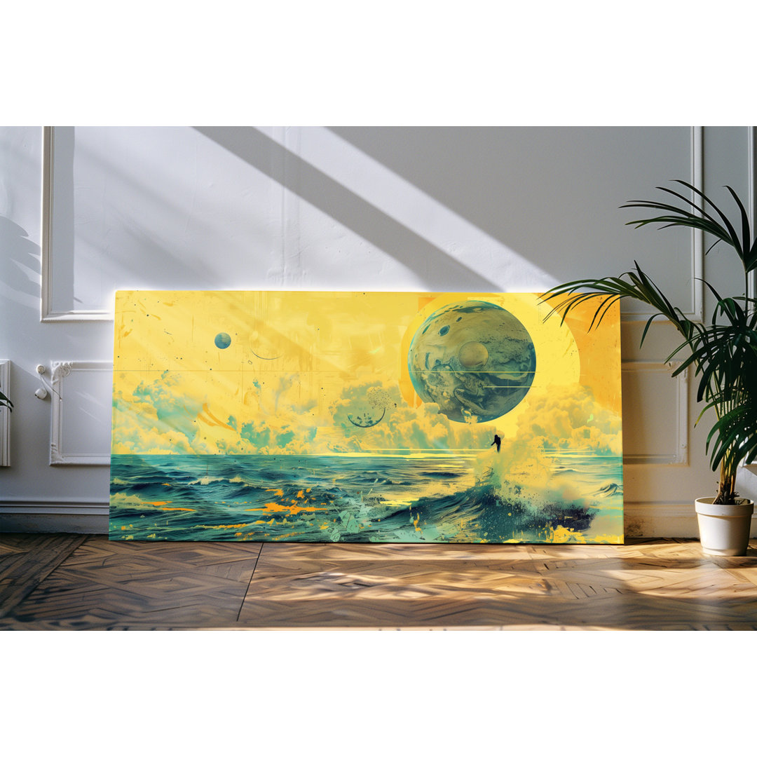 Leinwandbild gerahmt 120x60cm Meer Wellen Monde Planeten Kunstvoll Gelb