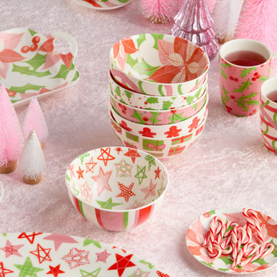 Scarlet Ribbon Set of 6 All Purpose Bowls 4.75in — Six assorted 10-ounce bowls in blush, scarlet, and green, perfectly scaled for dips, sauces, candy, and small festive servings.