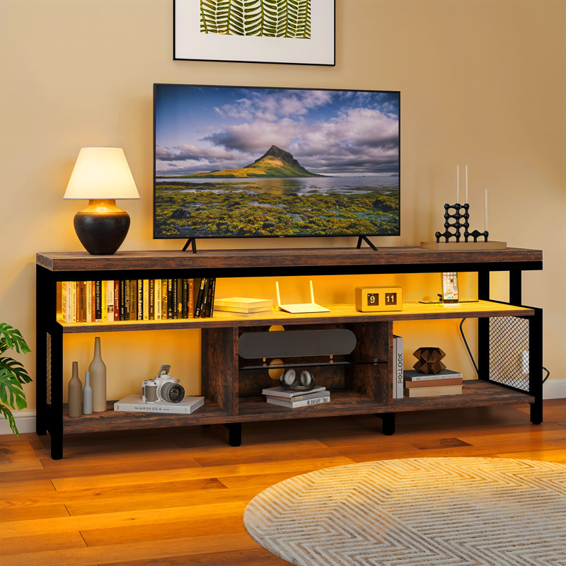 Modern Industrial LED Entertainment Center TV Stands With Power Outlets & Open Storage For Living Room, Rustic Brown/Black