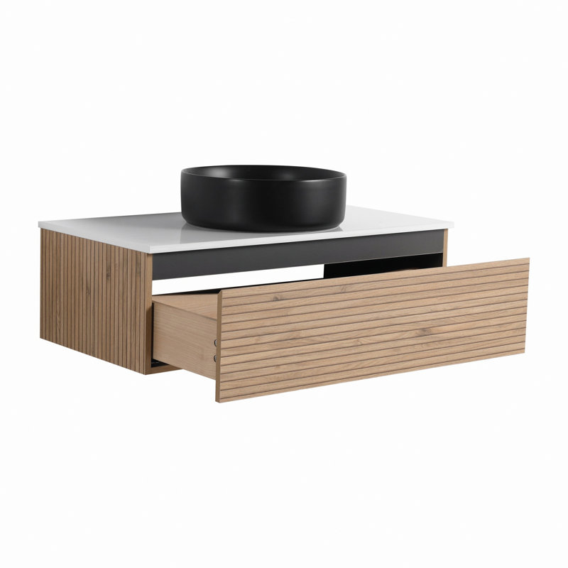Meuble-lavabo mural avec lavabo en céramique, 1 tiroir à fermeture en douceur, 30", Noir