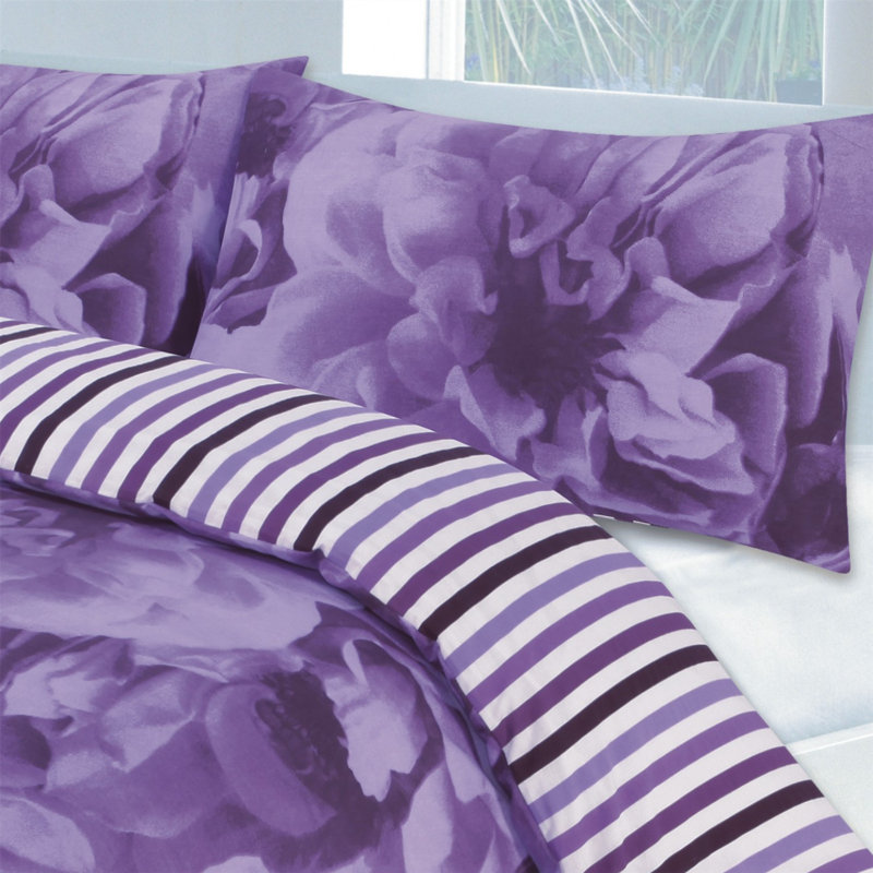 Cotton Blend Floral Duvet Cover Set with Pillowcases Included, Purple, Double Duvet Cover + 2 Standard Pillowcases