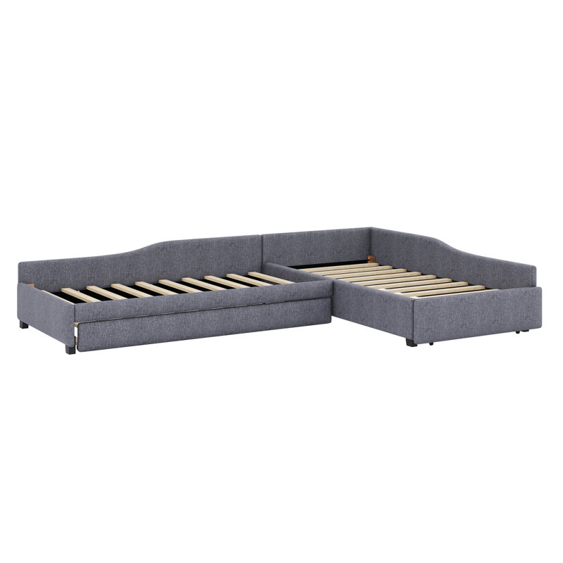 Upholstered Double Daybed With Trundle And Drawer, Gray