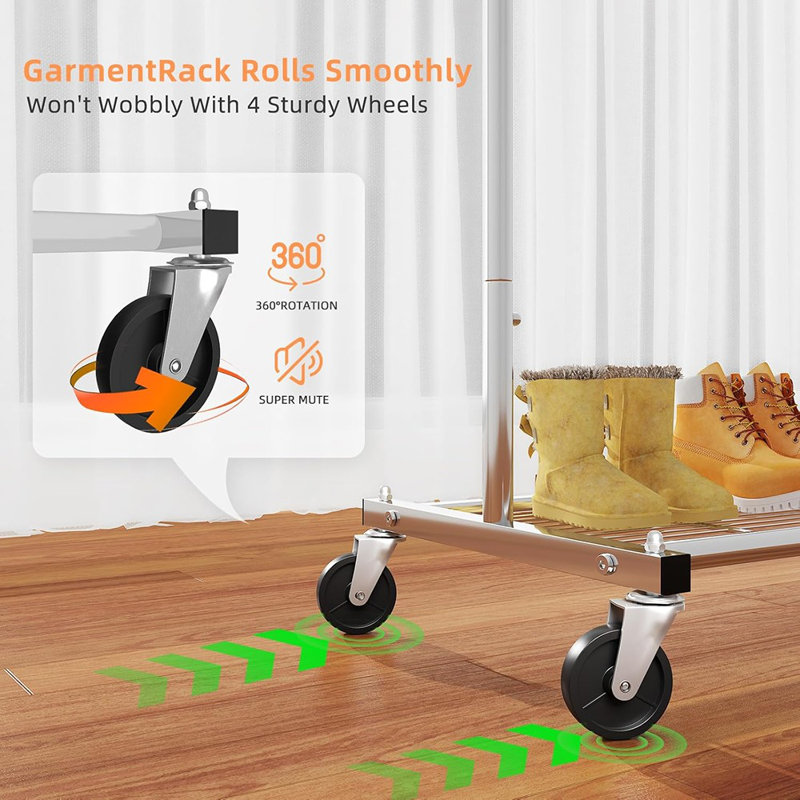 Extendable Rolling Garment Rack With Wheels And Bottom Shelves, Chrome