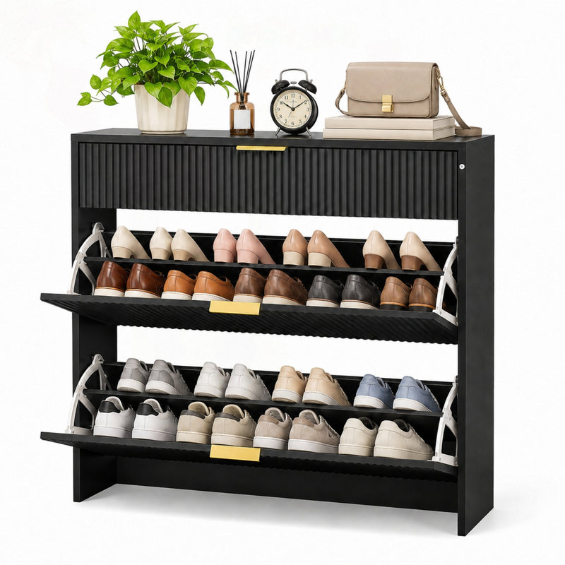 Armoire à chaussures étroite cannelée avec poignées dorées, Noir, noyer, blanc