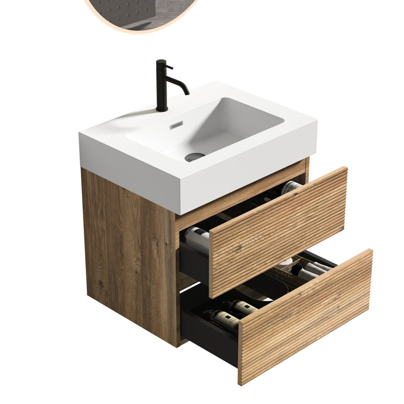 Meuble-lavabo de salle de bain de style Mid-Century moderne, style chêne brut, lavabo blanc, tiroirs silencieux, finition à base d'eau de qualité E0, drainage en forme de U, panneau de grille flottant mural d'une capacité de 330 lb, fermeture en douceur E1